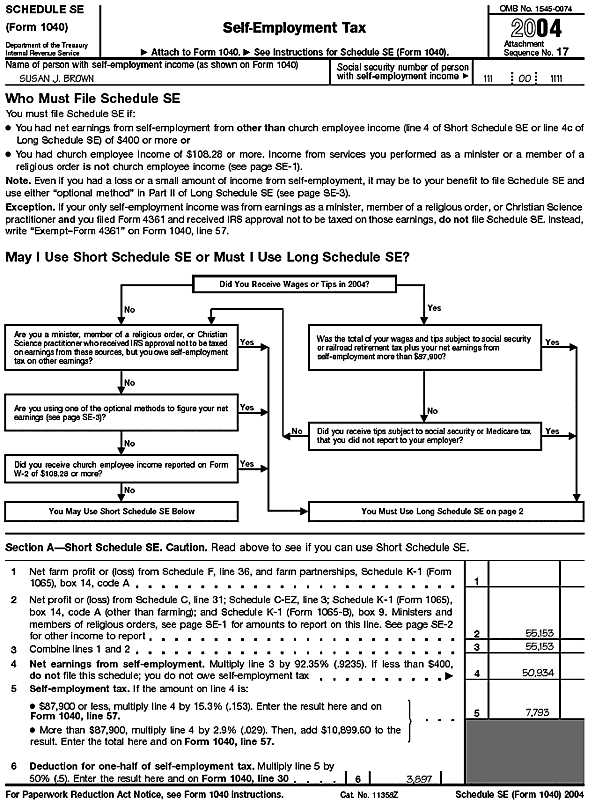 Page 1 of Schedule SE (Form 1040) for Susan J. Brown