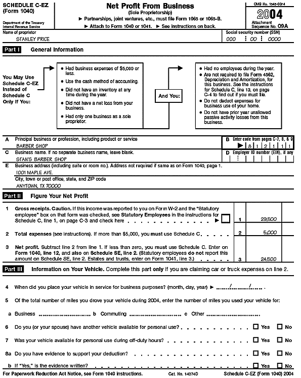 Page 1 of Schedule C-EZ (Form 1040) for Stanley Price