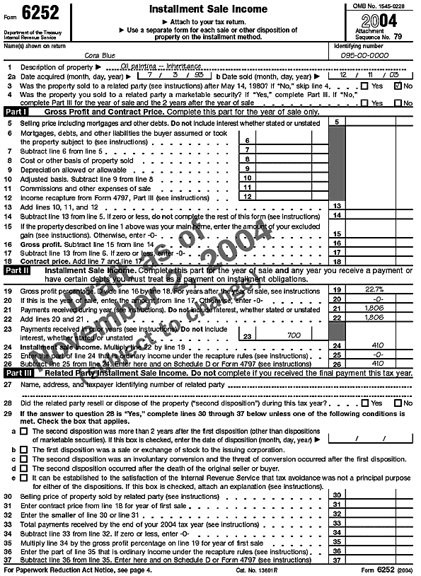 Form 6252 for Cora Blue