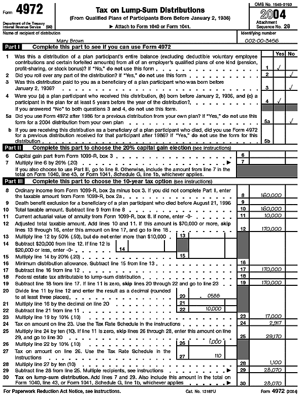 Page 1 of illustrated Form 4972 for Mary Brown