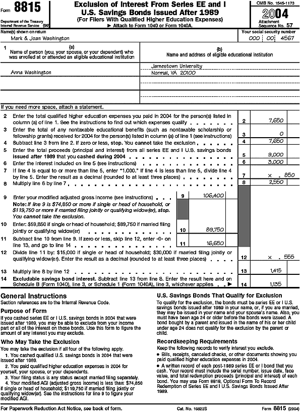 Form 8815 for Mark and Joan Washington