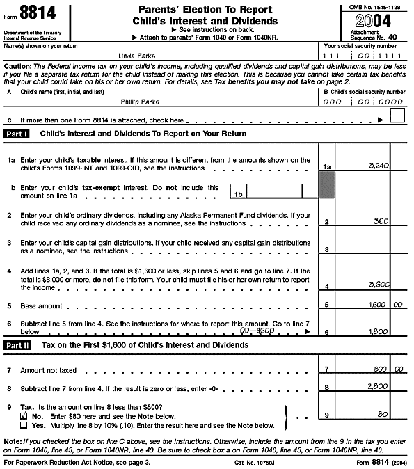 Filled-in Form 8814 for Linda Parks Form: 8814