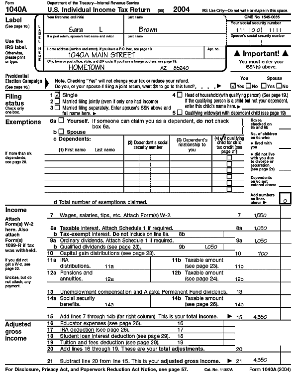 Form 1040A, page 1, for Sara L. Brown