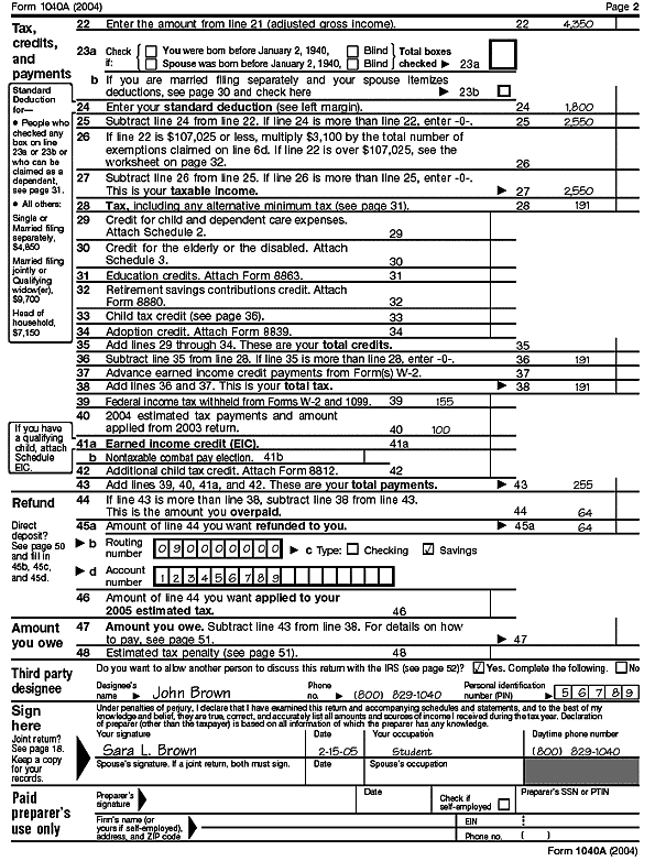 Form 1040A, page 2, for Sara L. Brown