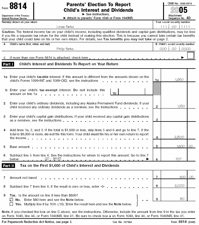 Filled-in Form 8814Forms: 8814for Linda Parks 