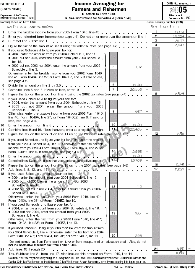 Schedule J (Form 1040) Income Averaging for Farmers and Fisherman 2005