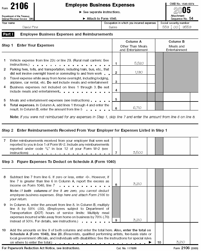 Form 2106, Page 1, for David Pine