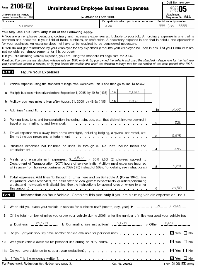 Form 2106-EZ for Bill Wilson