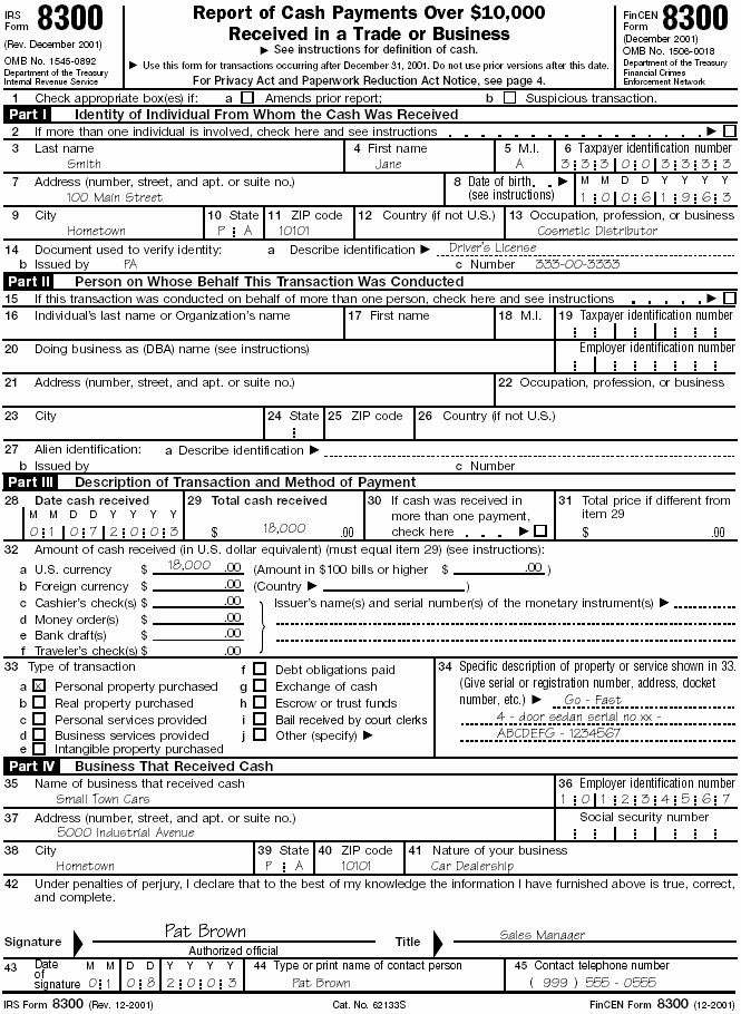  Filled-In Form 8300