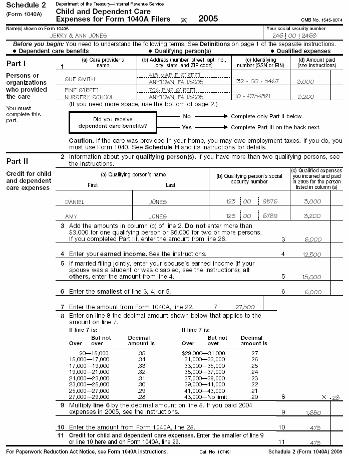 Schedule 2 (Form 1040A) for Jerry and Ann Jones