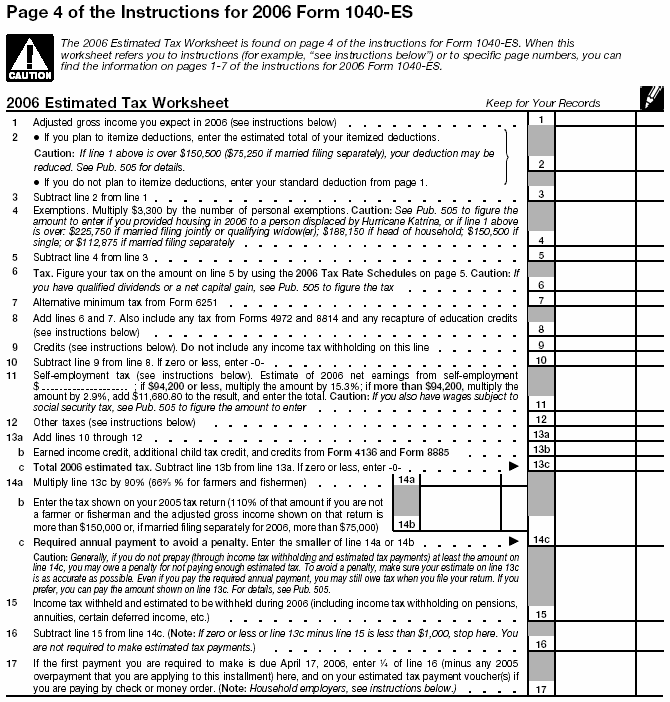 2006 Estimated Tax Worksheet