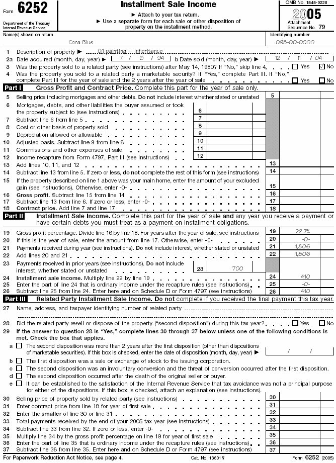 Form 6252 for Cora Blue