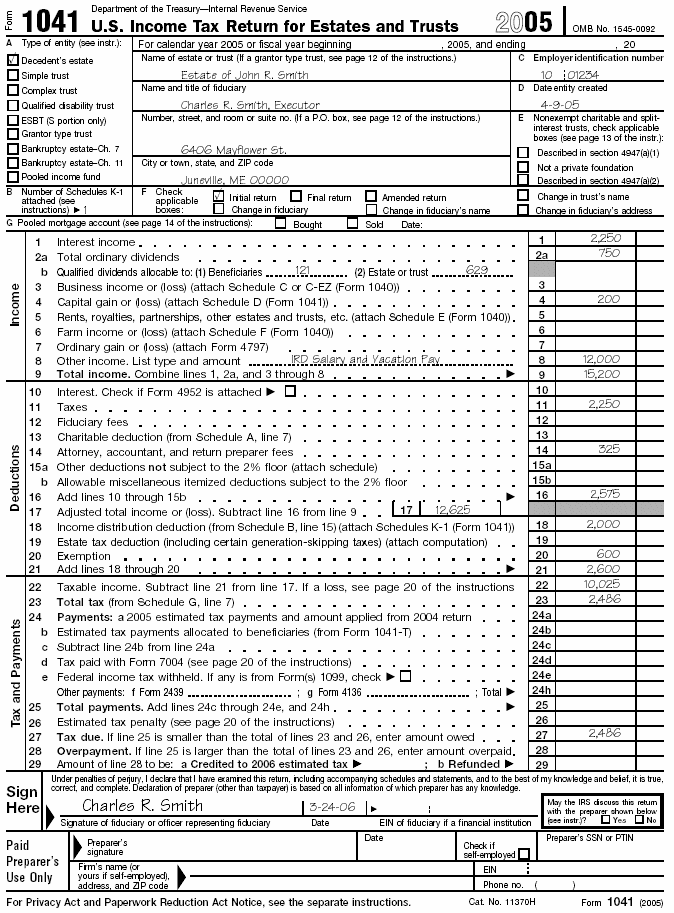 Form 1041 for the estate of John R. Smith