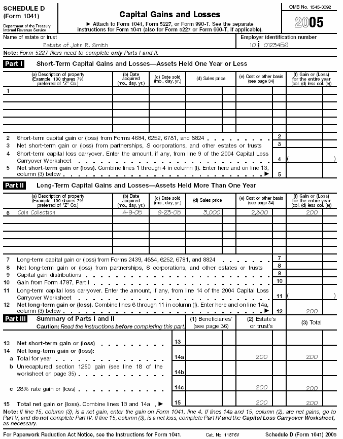 Page 1 of Schedule D (Form 1041) for the estate of John R. Smith