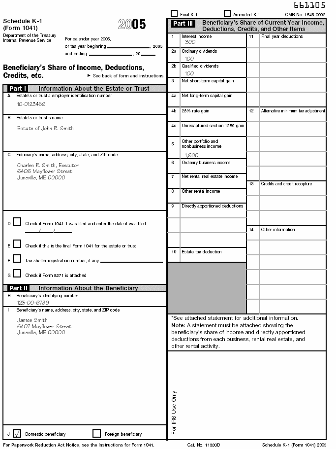 Schedule K-1 (Form 1041) for the estate of John R. Smith