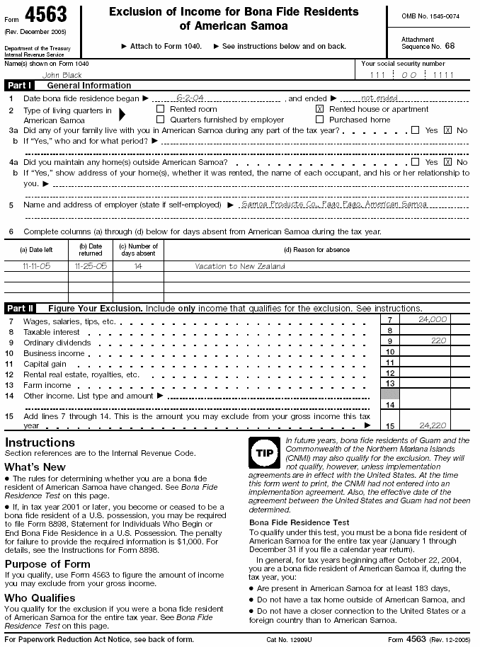 Form 4563, page 1 for John Black