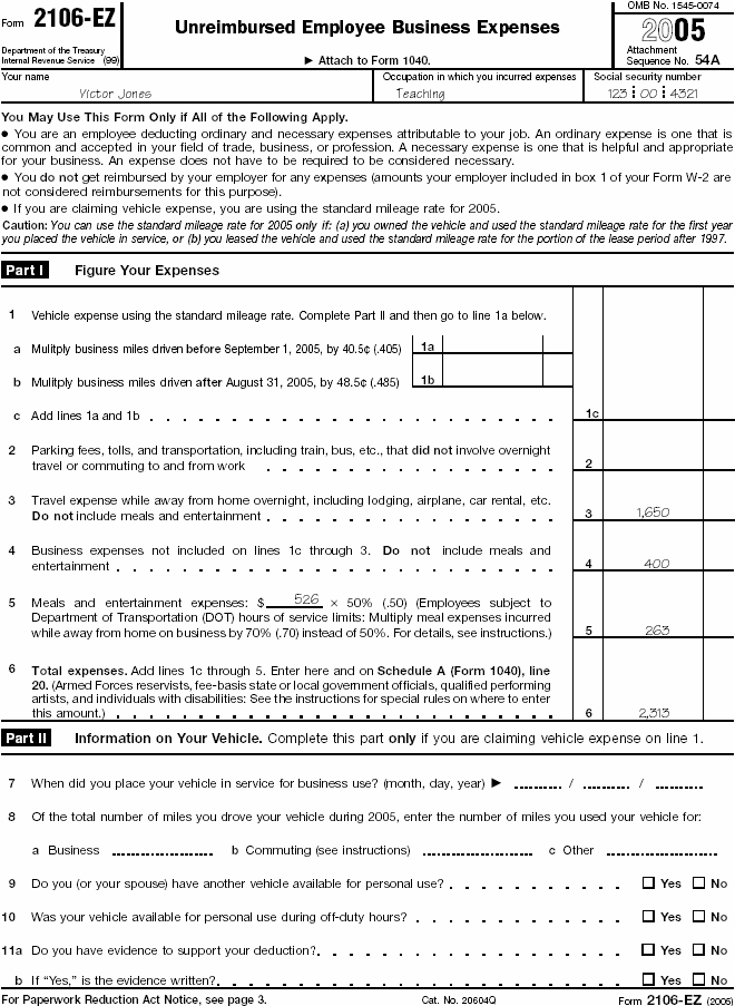 Form 2106-EZ for V. Jones