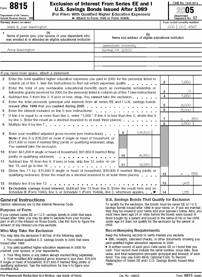 Form 8815 for Mark and Joan Washington