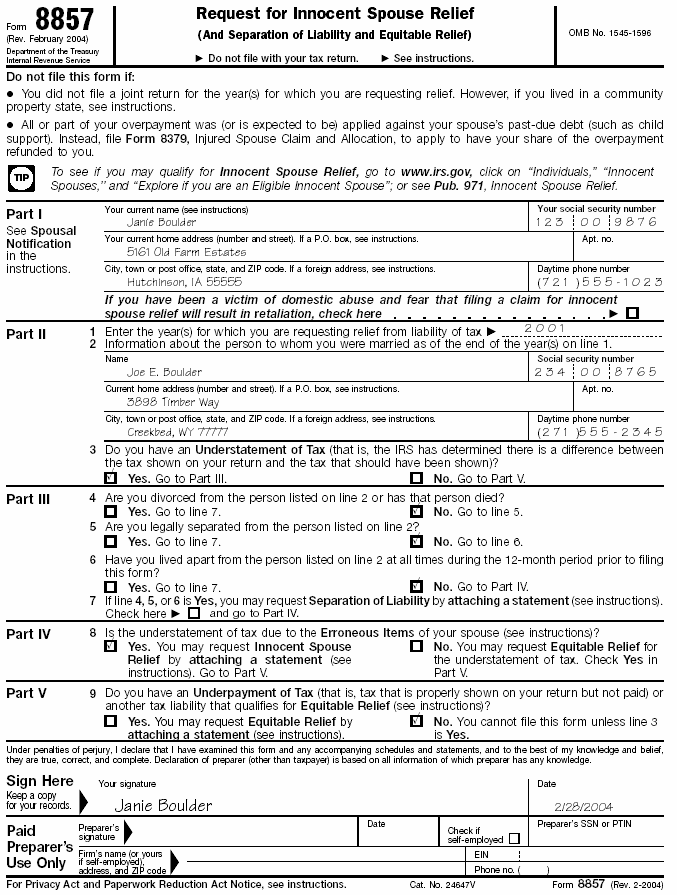 Boulder's filled-in Form 8857