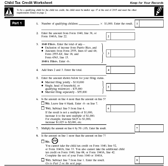 Child Tax Credit Worksheet. page 1