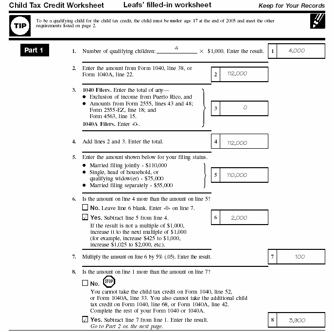 Leaf's Child Tax Credit Worksheet page 1