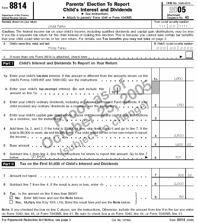 Filled-in Form 8814 for Linda Parks Form: 8814