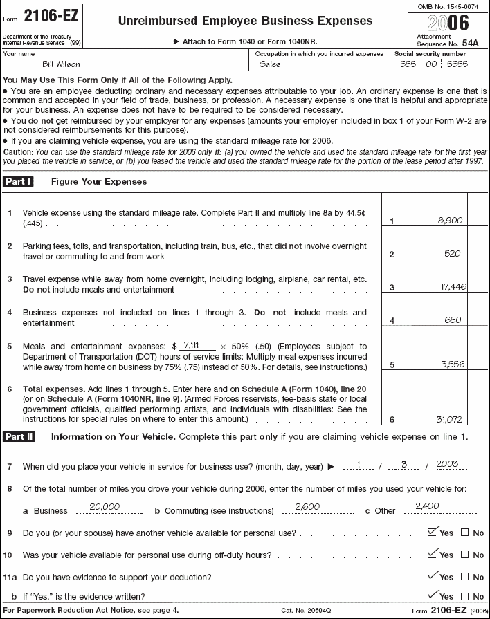 Form 2106–EZ, Page 1, for Bill WilsonForms: 2106–EZ