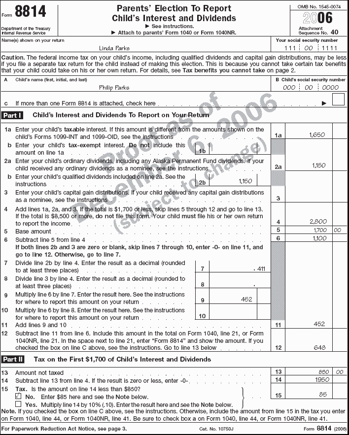 Filled-in Form 8814 Forms: 8814 for Linda Parks 