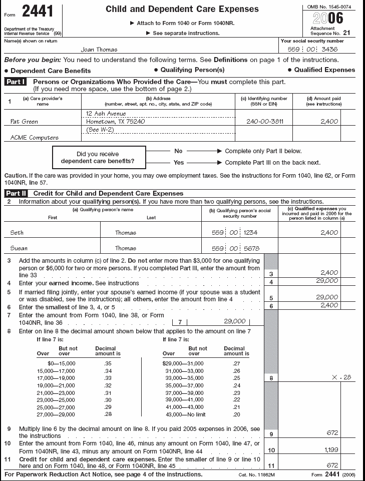 Form 2441 Child and Dependent Care Expenses