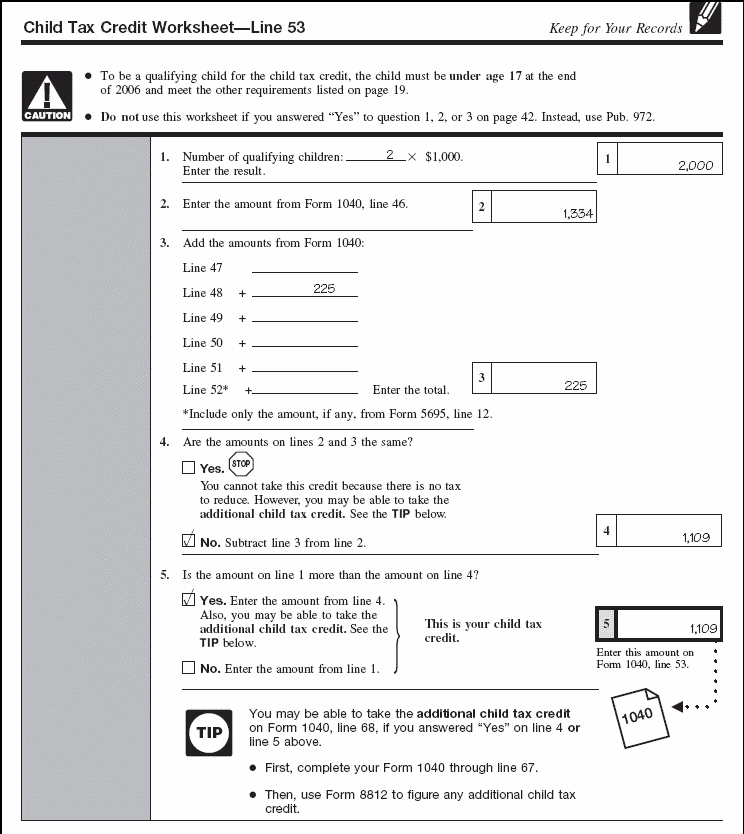 Filled-in child tax credit worksheet for Amy Brown