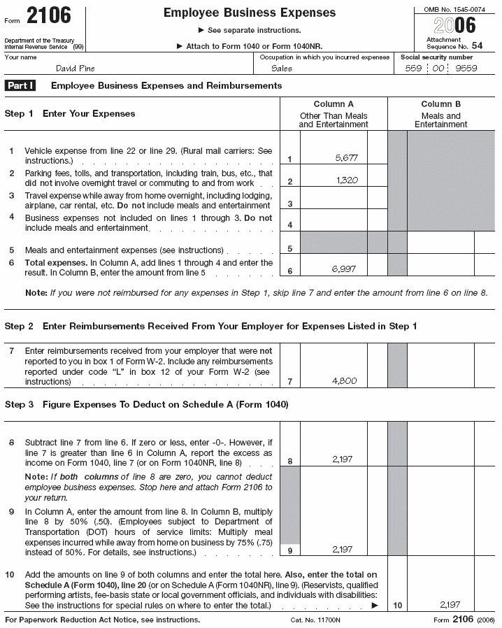 Form 2106, Page 1, for David Pine