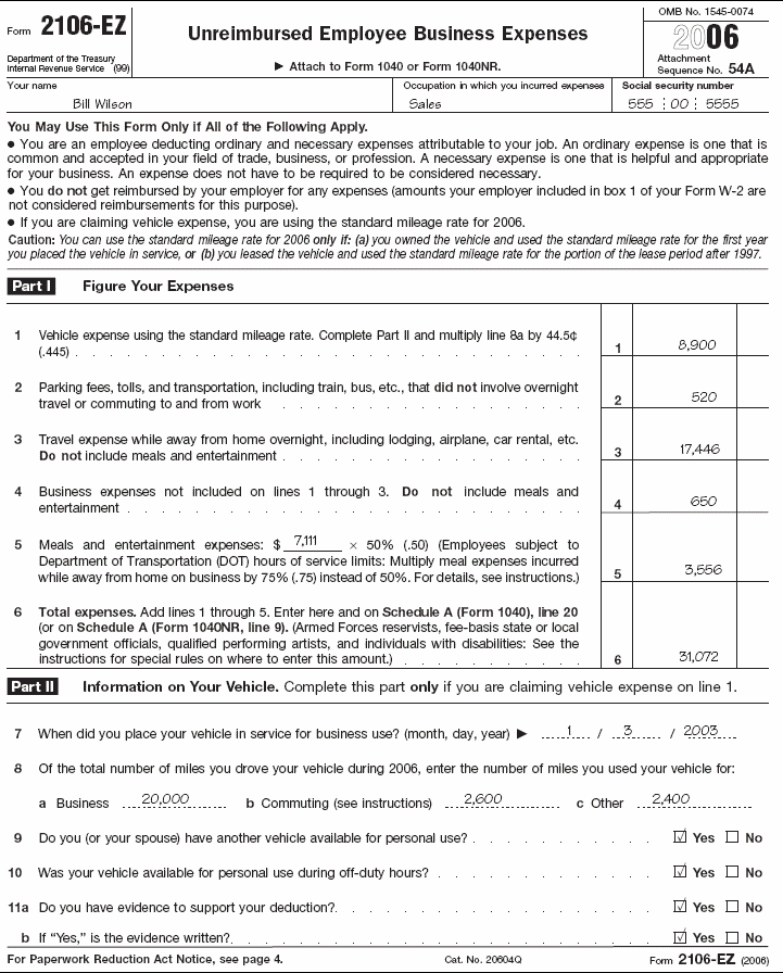 Form 2106-EZ for Bill Wilson