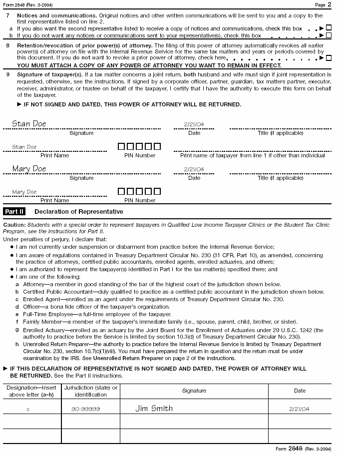 Filled-in Form 2848 - Page 2