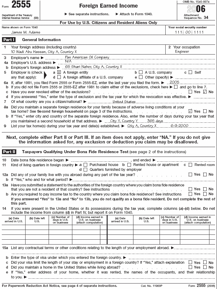 Form 2555, page 1 for James Adams