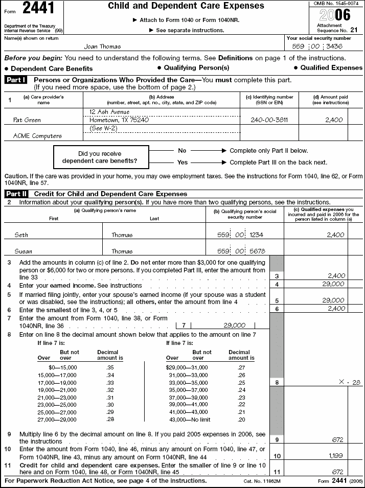 Page 1 of Form 2441 for Joan Thomas