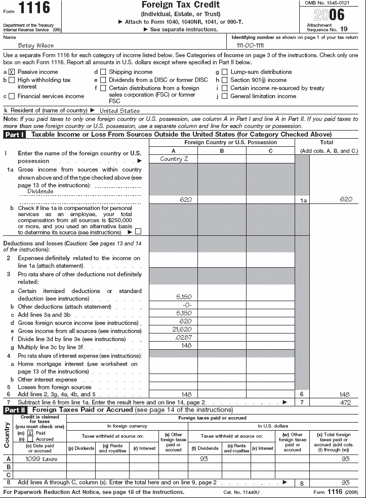 Form 1116, page 1 for Betsy Wilson 