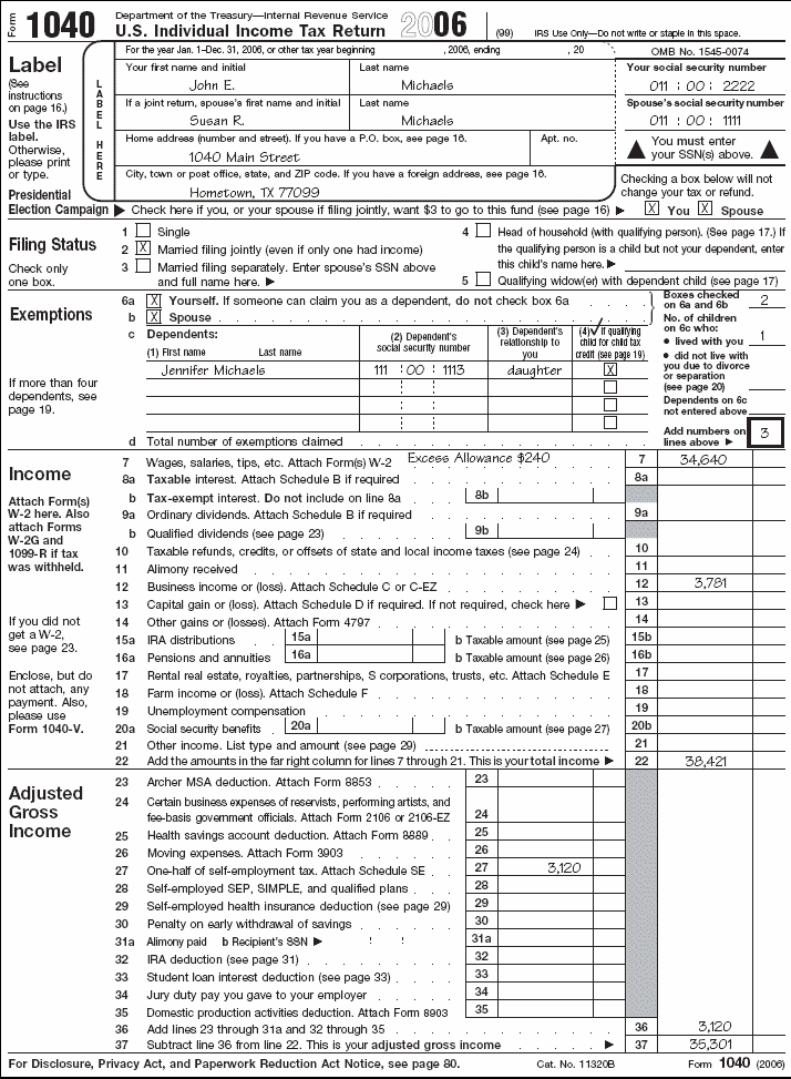 Form 1040, page 1 for John E. and Susan R. Michaels