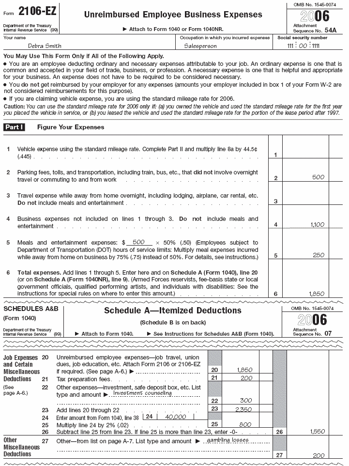  Schedule A of Form 2106–EZ