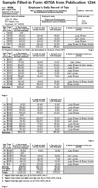 Sample Filled-in Form 4070A from Publication 1244