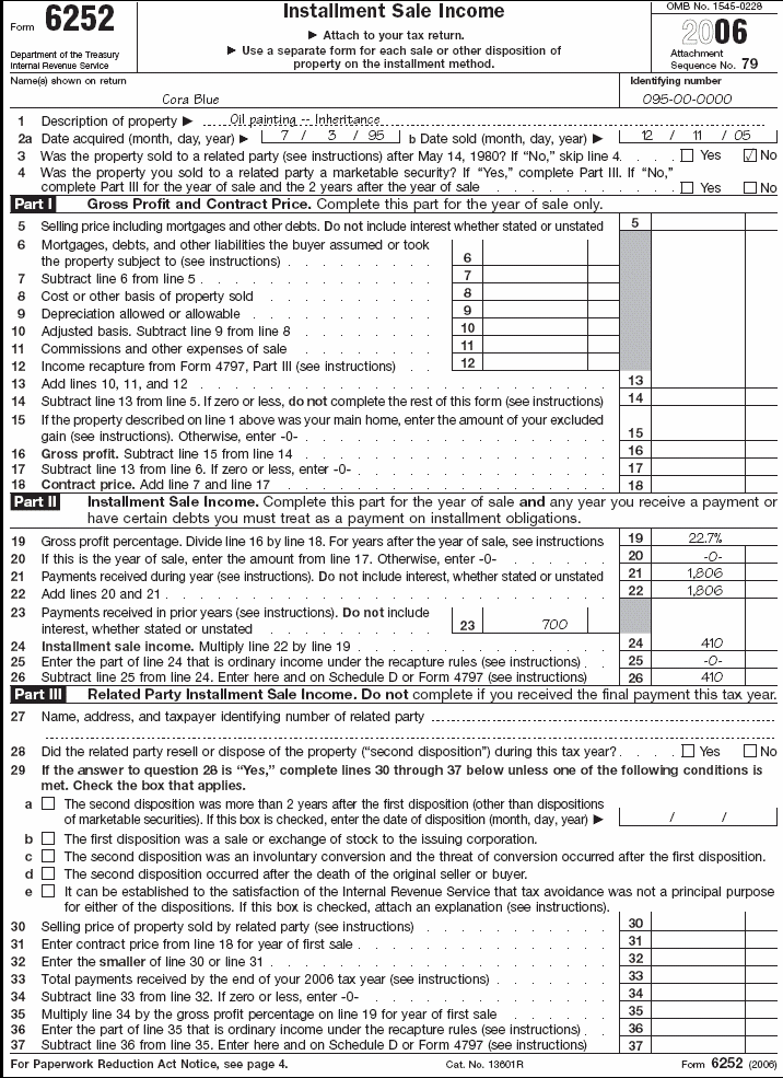 Form 6252 for Cora Blue