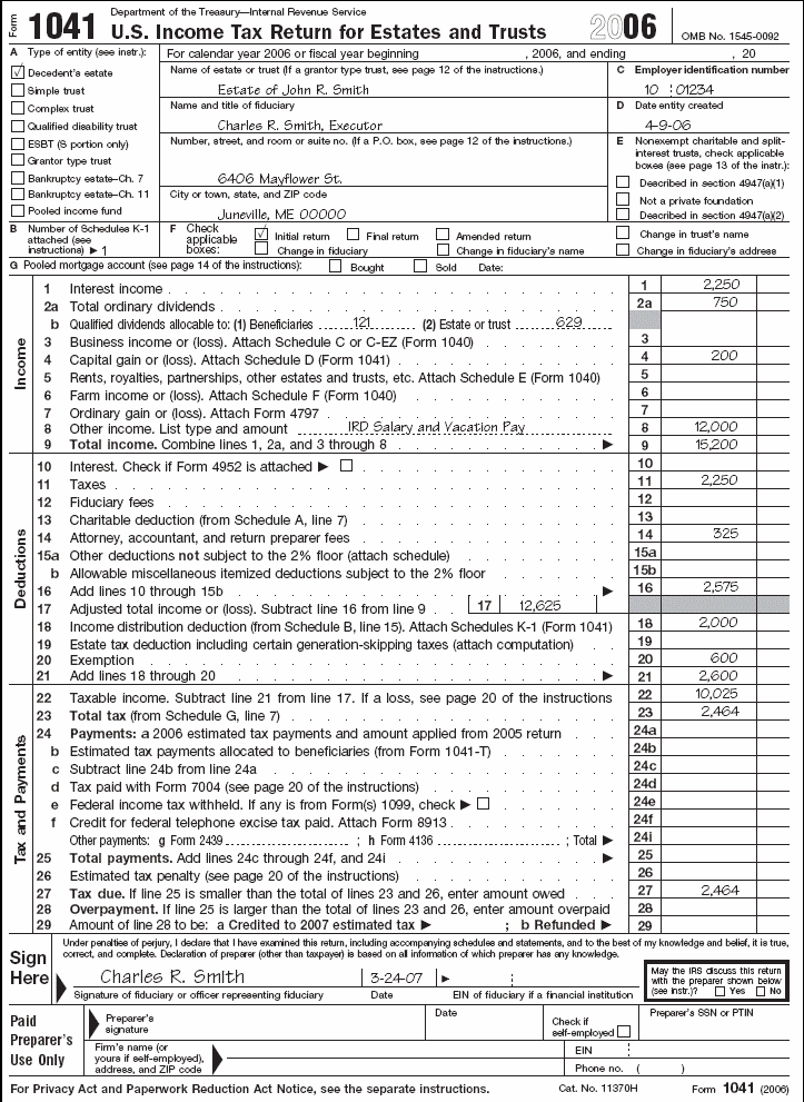 Form 1041 for the estate of John R. Smith