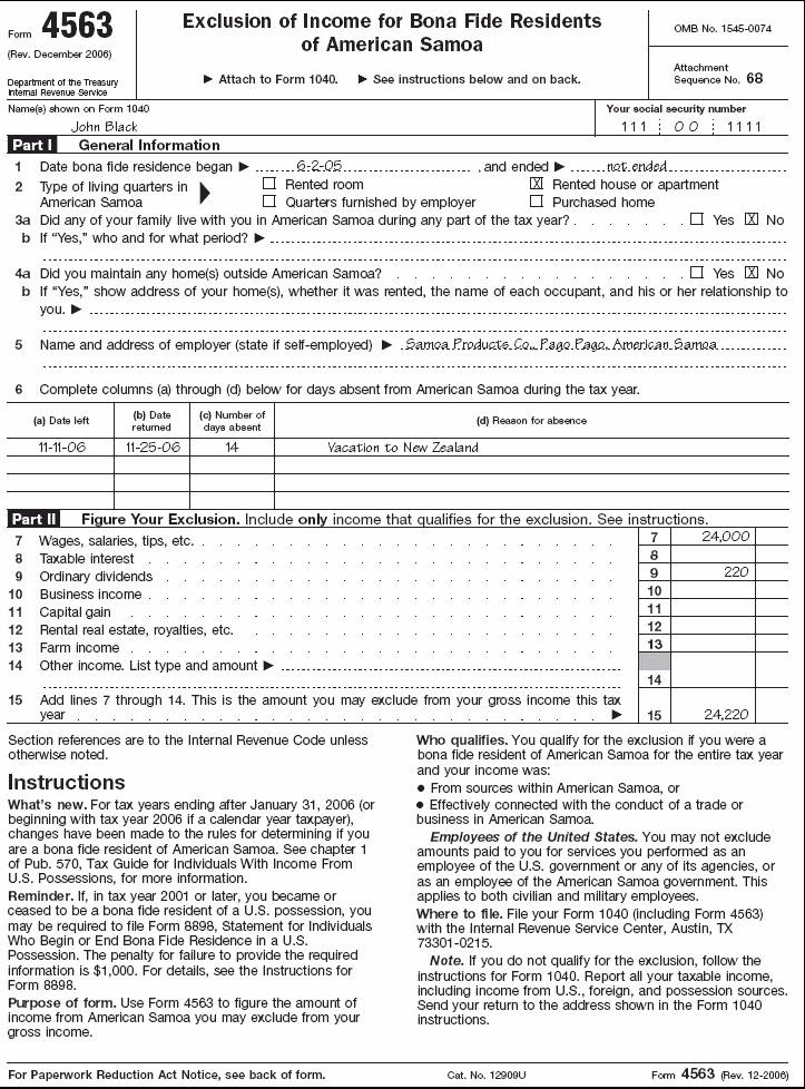 Form 4563, page 1 for John Black