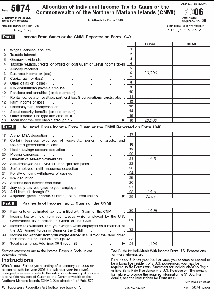 Form 5074, for Tracy Grey