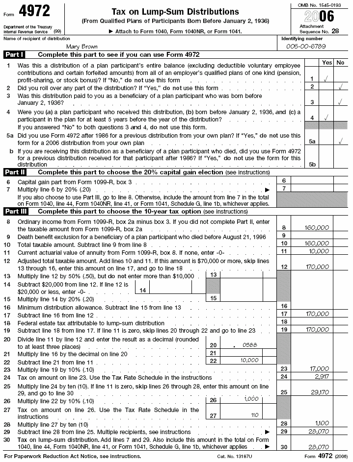 Page 1 of illustrated Form 4972 for Mary Brown