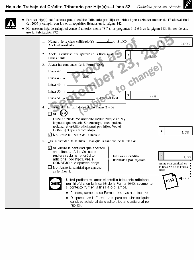 Filled-in child tax credit worksheet for Amelia Castaño