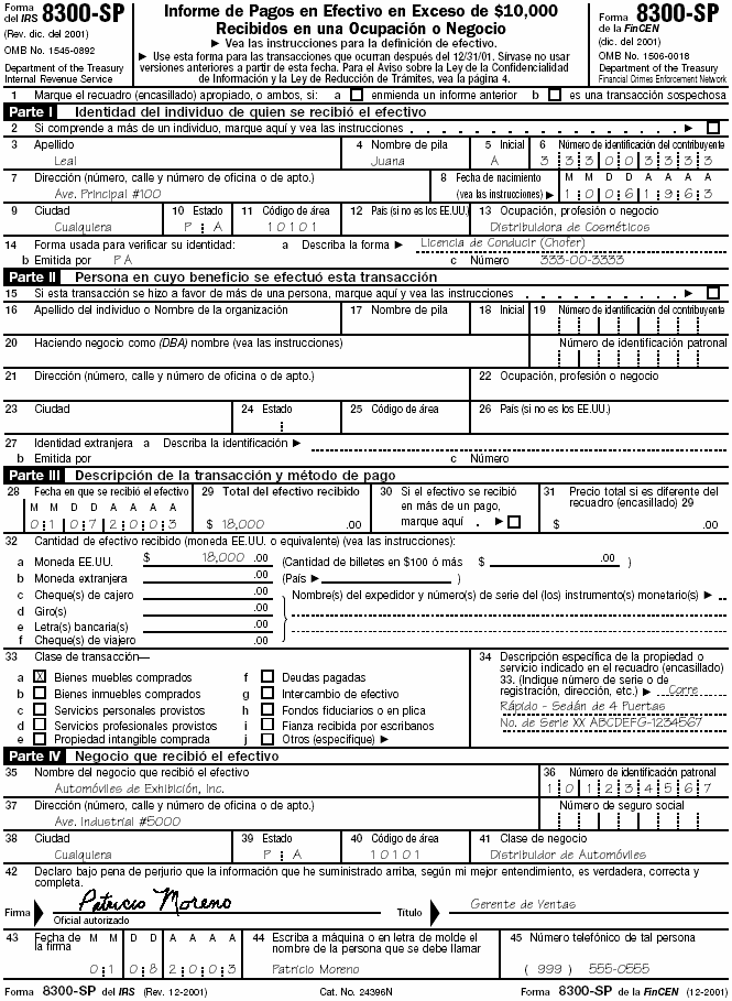  Filled-In Form 8300-SP