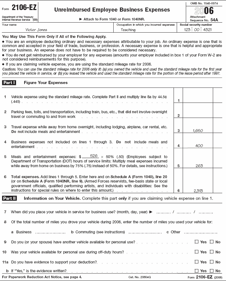 Form 2106-EZ for V. Jones