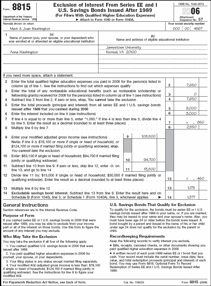 Form 8815 for Mark and Joan Washington