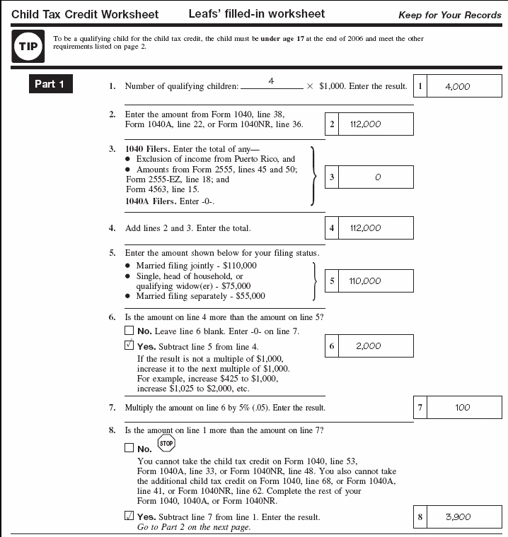 Leaf's Child Tax Credit Worksheet page 1