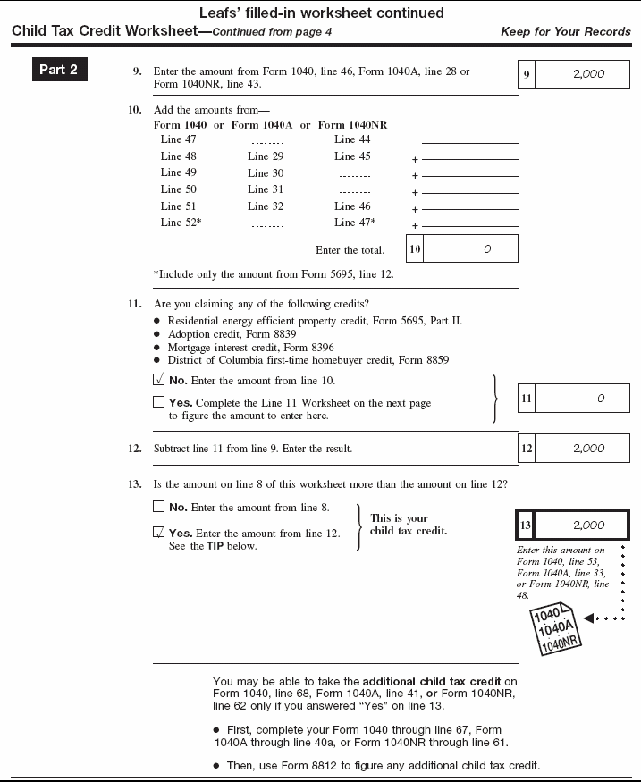 Leaf's Child Tax Credit Worksheet page 2